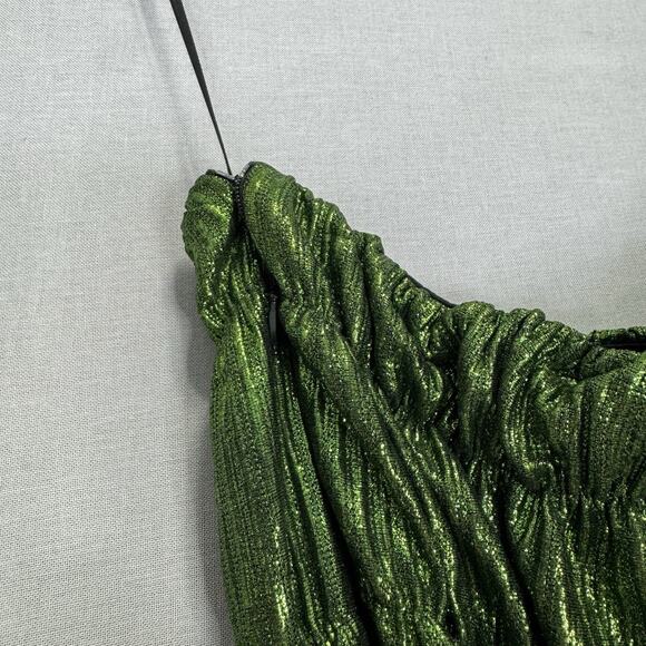 Akira Stay Radiant Metallic Maxi Womens 2X Green One Shoulder Pleated Gown Prom - Picture 5 of 14